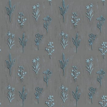 Hand drawn seamless pattern of dark blue faded flowers on grey background. Wildflower forest wood design, cottagecore cabincore print in neutral tone for wallpaper textile, egelant minimal print