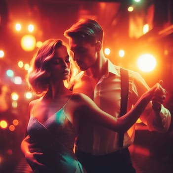 couple dance in a bar , dim light , romantic vintage atmosphere generative ai art