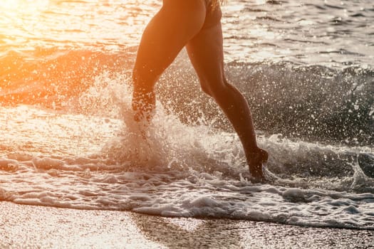 Running woman. Female runner jogging during the sunrise on beach. Woman Runner feet running on the beach at sunrise. woman fitness sunrise jog workout wellness concept.