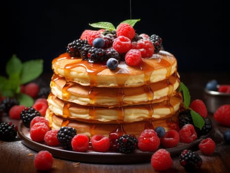 American pancakes with fresh blueberry, raspberry and honey. Healthy morning breakfast.