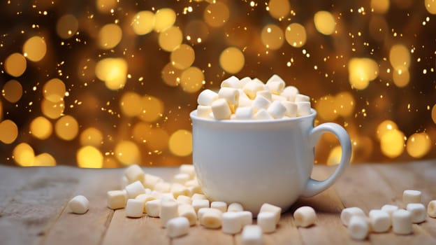 Christmas Mug with marshmallow on blurred background with bokeh effect. AI Generated.