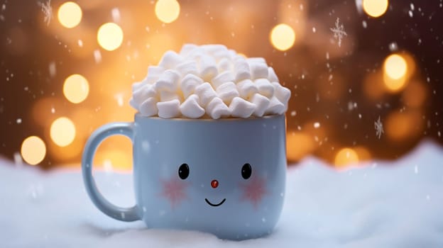 Christmas Mug with marshmallow on blurred background with bokeh effect. AI Generated.