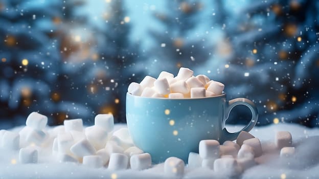 Christmas Mug with marshmallow on blurred background with bokeh effect. AI Generated.