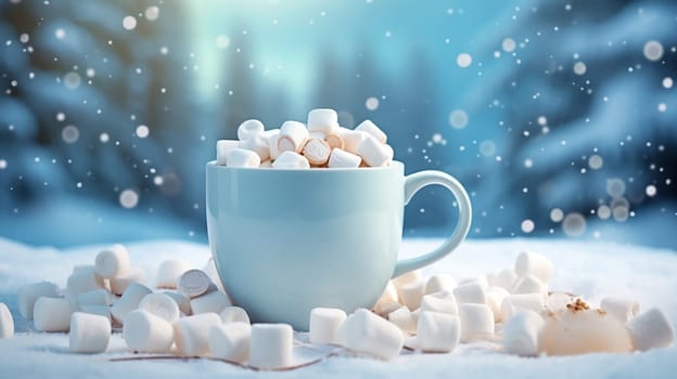 Christmas Mug with marshmallow on blurred background with bokeh effect. AI Generated.