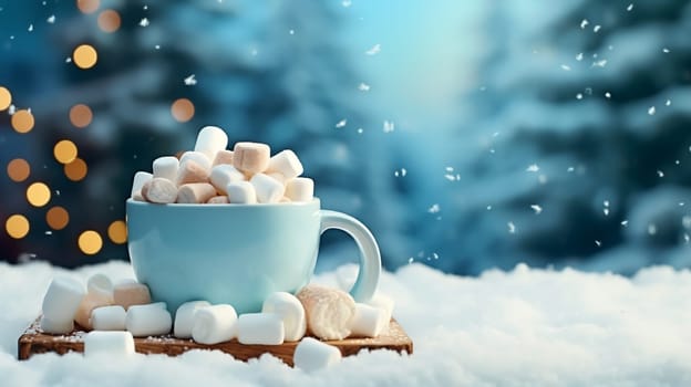 Christmas Mug with marshmallow on blurred background with bokeh effect. AI Generated.