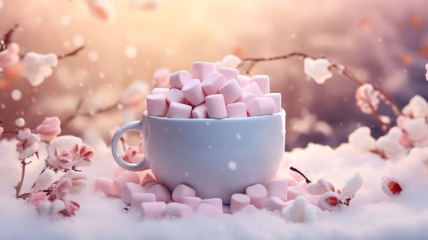 Christmas Mug with marshmallow on blurred background with bokeh effect. AI Generated.