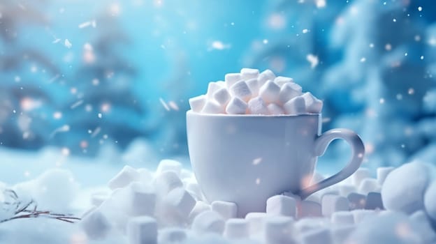 Christmas Mug with marshmallow on blurred background with bokeh effect. AI Generated.