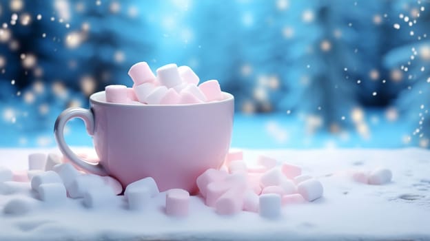 Christmas Mug with marshmallow on blurred background with bokeh effect. AI Generated.