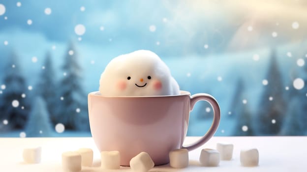 Christmas Mug with marshmallow on blurred background with bokeh effect. AI Generated.