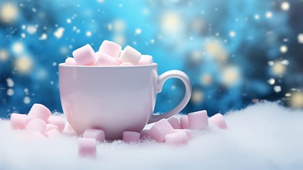 Christmas Mug with marshmallow on blurred background with bokeh effect. AI Generated.