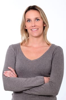 blond woman smiling isolated over a white background
