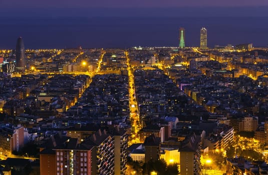 Night panorama of the city of Barcelona Spain, From the mountain of Montjiuc.