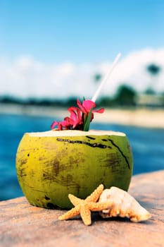 Coconut with drinking straw on a beach at the sea