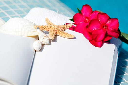 open book, shellfish and white towel beside a pool