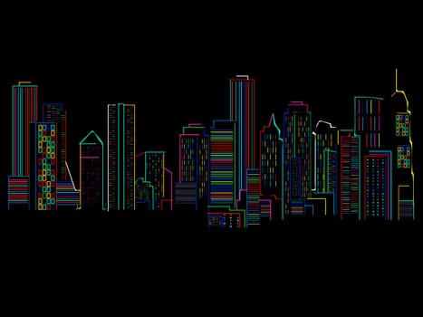 Cityscape background with colored skyscrapers over black background . abstract art illustration