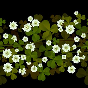 Seamless pattern with clover leaves and flowers over black