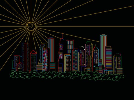 Stylized skyscrapers silhouettes over black background, abstract art illustration
