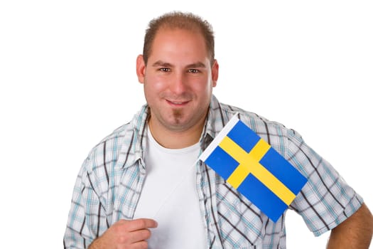 Young man with nation banner isolated on white background