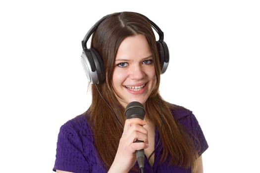 Attractive young woman with headphones isolated on white background