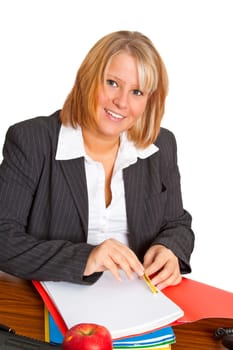 Young businesswoman on white background