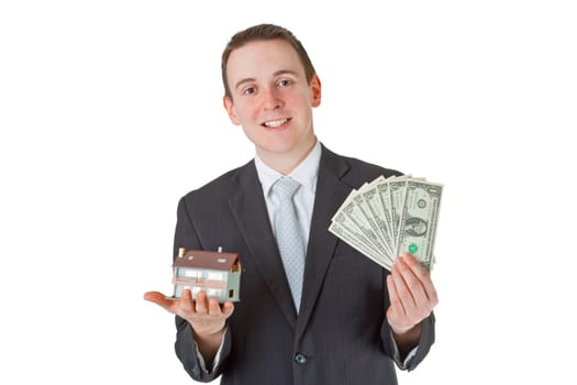 Real estate broker with model house and dollar bills