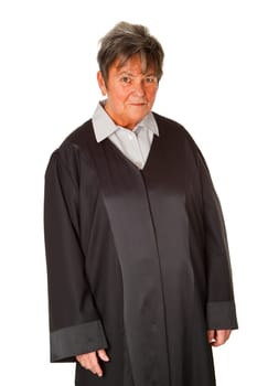 Female lawyer in lawyer's robe isolated on white background