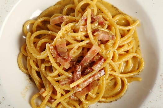 pasta Carbonara with eggs bacon and parmesan