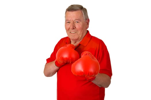 Senior with boxing gloves isolated on white background
