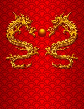 Pair of Chinese New Year Metallic Dragons on Scales Pattern Red Background