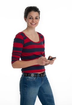 Pretty young woman text messaging. White background