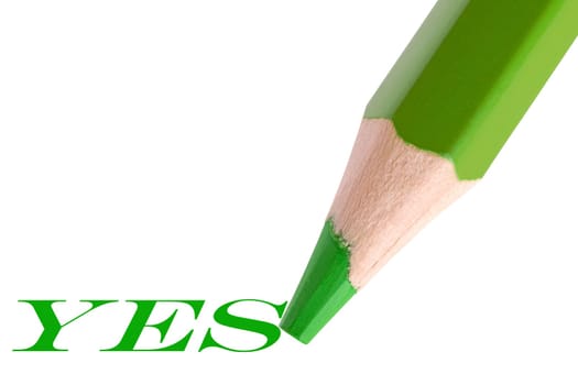 green pencil writing word "yes"". isolated on white background"