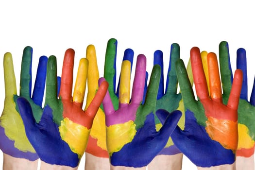 group of child hands painted in colorful paints