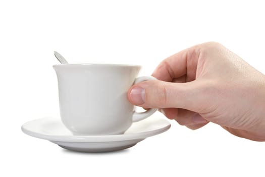 hand and teacup with plate  over a white background
