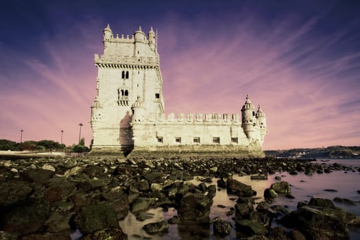 sunset on Tower of Belem, Lisbon, Portugal.