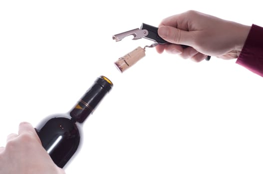 A cork was pulled out of a wine bottle with a corkscrew