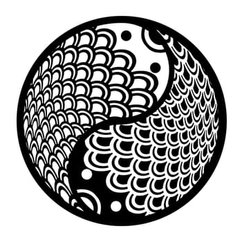 Chinese Pair of Fish in Yin Yang Eternity Circle Illustration Black and White Clip Art