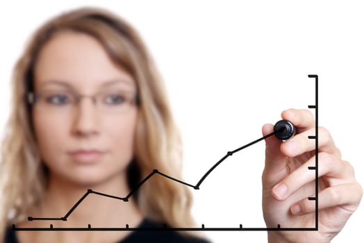 Young businesswoman drawing a graph on white