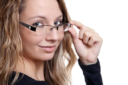 Young beautiful woman holding glasses, on white