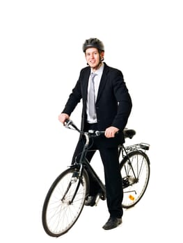 Happy businessman with bicycle and helmed isolated on white background