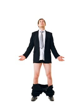 Man with his pants down isolated on white background
