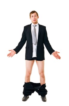 Man with his pants down isolated on white background