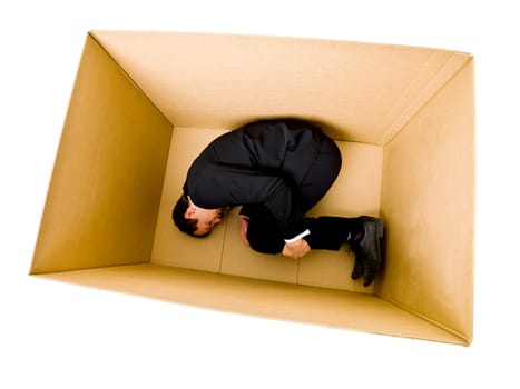 Sleeping Businessman inside a Cardboard Box
