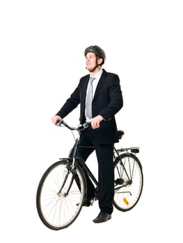 Young man with bicycle and helmed isolated on white background