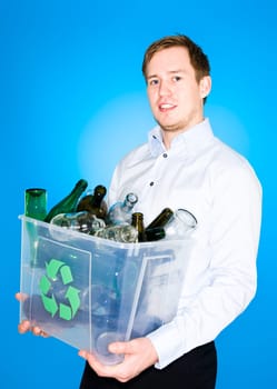 Young man with Glass recycling