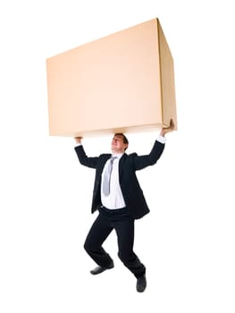 Well dressed man carrying a heavy cardboard Box isolated on white background