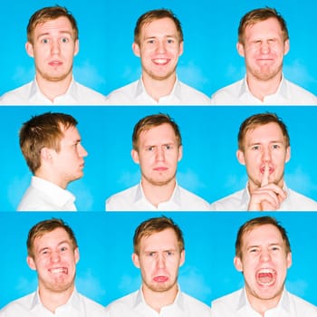 Nine portraits with different expressions of a young man on blue background