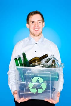 Young man with Glass recycling