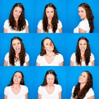 Collage of portraits on a young girl towards blue background