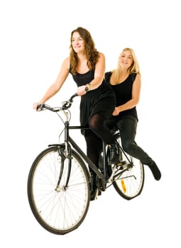 Two women on a bicycle isolated on white background