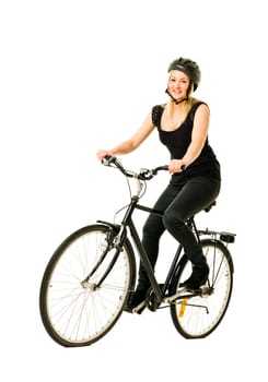 Woman on a bicycle isolated on white background